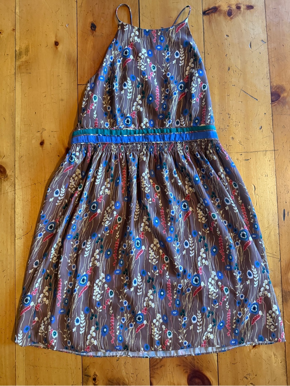 Backless Brown Floral Sundress with Blue Waistband